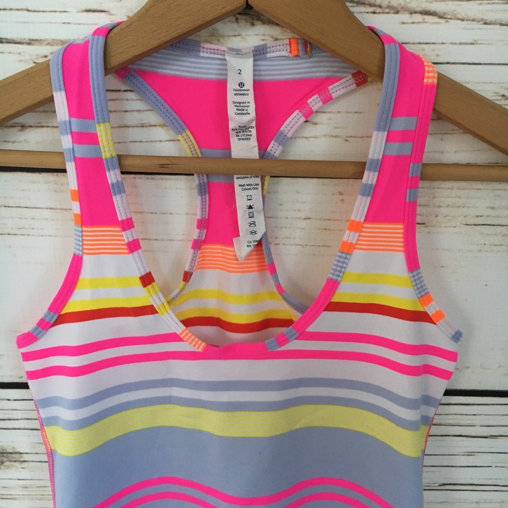 Lululemon Neon Pink Striped Tank Sz 2 - Picture 2 of 5